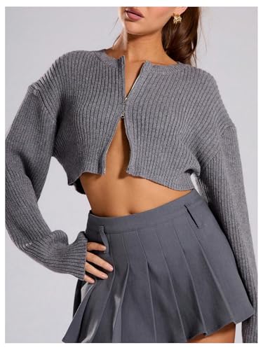 MakeMeChic Women's Zipper Cropped Cardigan Sweaters Long Sleeve Round Neck Rib Knitted Crop Tops4