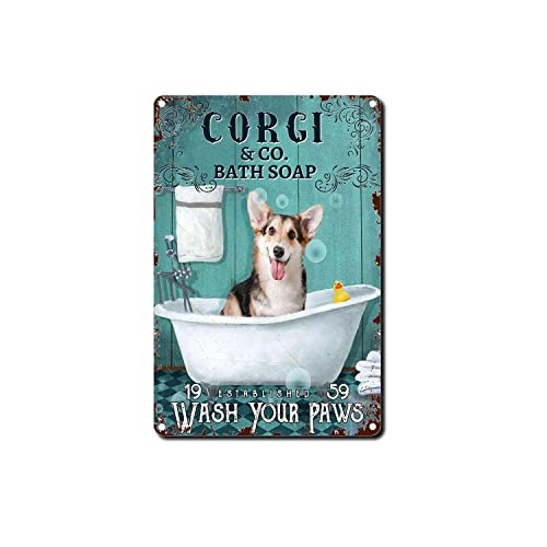 AZOLID Signos de lata de metal vintage Corgi Dog Co. Jabón de baño Lavar tus patas Carteles de lata de viaje Cartel de metal Decoración de pared Oficina Cafe Baño Badroom 30x20CM