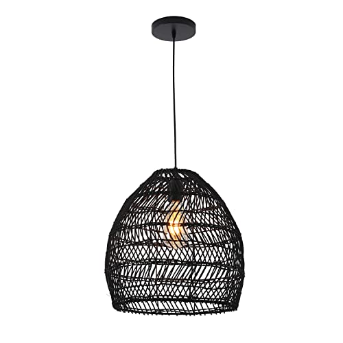Aeyee Bamboo Pendant Light Fixture Boho Style 1 Lights Rattan Pendant Lamp Woven Hanging Light for Kitchen Island Nursery in Black(13.7" W)
