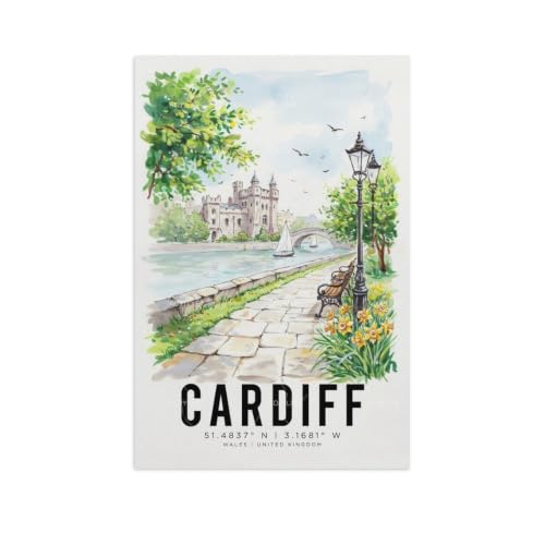 Poster voyage Cardiff aquarelle vintage et impression de paysage urbain 60x90