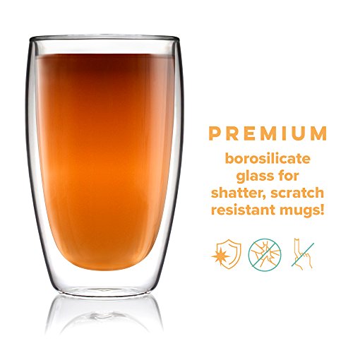 Coffee or Tea Glass Mugs Drinking Glasses Set of 2-15oz Double Walled Thermo Insulated Cups, Latte Cappuccino Espresso Glassware