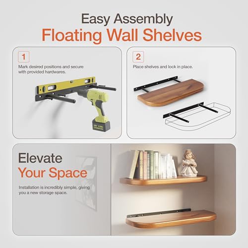 BATODA 17\" Acacia Wood Floating Shelves Wall Mounted (Round Edge) – Rustic Farmhouse Wooden Wall Storage Shelf for Bedroom, Kitchen - Brackets and Shelving Hardware Included (Acacia, 17 Inch Length)