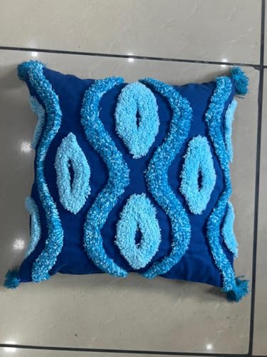 Image of TIB Premium Boho Cushion Covers 16 inch x 16 inch | Decorative Throw Pillow Covers Set of 2 with Tassel Accent for Sofa, Couch, Living Room & Bedroom | Blue Diamond