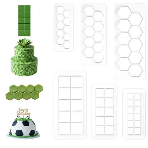 WJIAAA 6PCS Hexagon and Square Cookie Cutters, 6 Size Square Football Cake Fondant Cutter, Hexagon Soccer Cookie Cutter, Geometric Multipurpose Cutters for Fondant Biscuit Cake DIY Decorative Moldings
