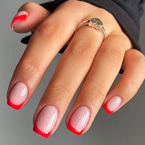 Kxamelie Red French Tips Press On Nails Short With Designs Square Shape Glue On Nails Fake Nails For Women Acrylic Nails Press On Full Cover Coffin Nails 24 Pcs False Nails #TOP3