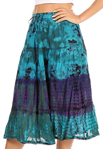 Sakkas Antonia Women's Skirt Tie Dye Boho Elastic Waist Adjustable Embroidery3