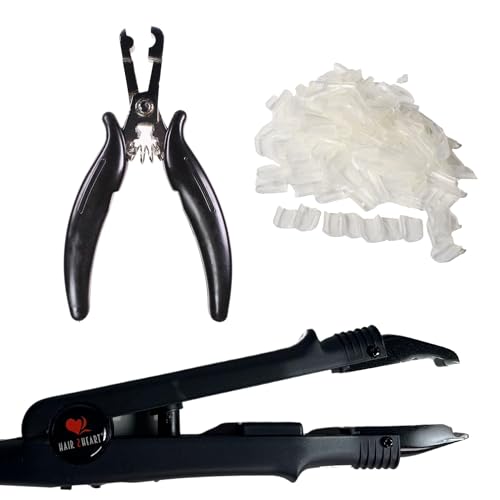 hair2heart Kit de reconexión: kit profesional de extensiones de cabello con pinzas térmicas, lazos y alicates de punta U