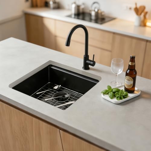 Image of 18x18 Inch Undermount Black Bar Sink, 18 Inch Gunmetal Black 16 Gauge Stainless Steel Single Bowl Workstation Under Counter Small Kitchen Sink for Wet Bar Prep Laundry RV Outdoor with Cutting Board