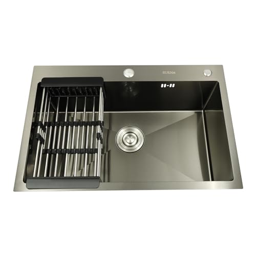 Évier de cuisine en acier inoxydable 304, 68 x 45 cm, avec passoire, trou pour robinet et égouttoir pour meuble bas de 45 cm, 1 bac