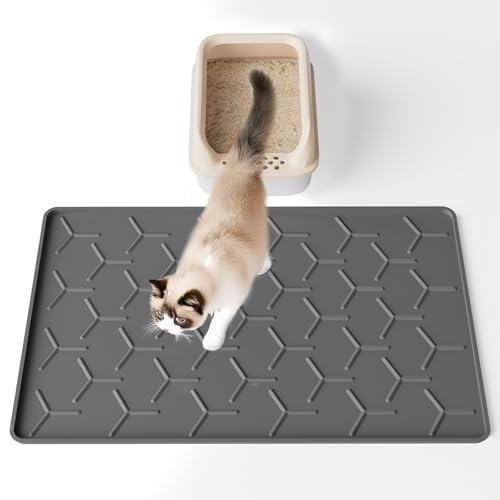Bulkniu Silicone Cat Litter Mat with Raised Edges, Waterproof/Urineproof, Litter-Collecting Interior Ridges, Soft & Pet-Friendly (24"x16"-Dark Grey)