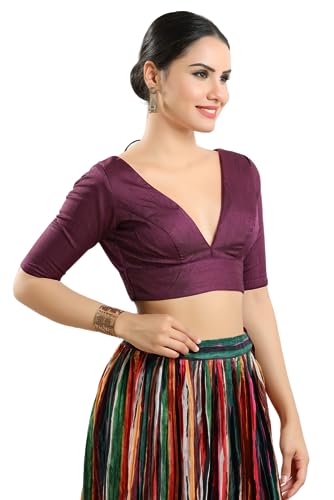 Image of Vamas Women's Silk Padded Self Design Half Sleeve Readymade Saree Blouse (X-1111.ELB)