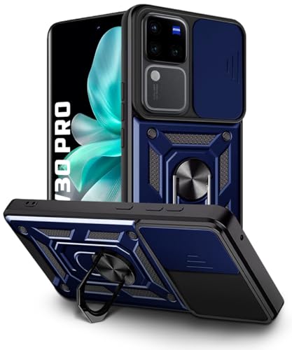 Image of WOW IMAGINE Tough Armor Bumper Mobile Back Case for Vivo V30 Pro | Sliding Camera Shield Cover | Shock Proof 360 Protection | Hybrid PC + TPU | Ring Holder with Kickstand - Blue