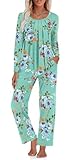 TAOHUADAO Womens Pajamas Set Fall Long Sleeve Tops and Pants with Pockets Ladies Plus Size Pjs Set Winter 2 Piece Loungewear M, Mint Green