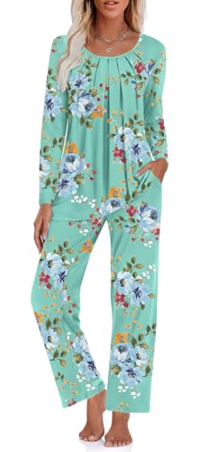 TAOHUADAO Womens Pajamas Set Fall Long Sleeve Tops and Pants with Pockets Ladies Plus Size Pjs Set Winter 2 Piece Loungewear M, Mint Green