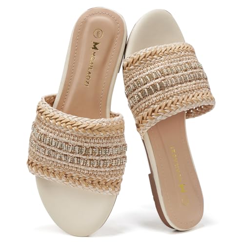 Women's Flat Sandals Braided Strap with Rhinestone Slides With Soft Memory Foam Insole, Beach Leather Slippers Footwear for Summer Vacation