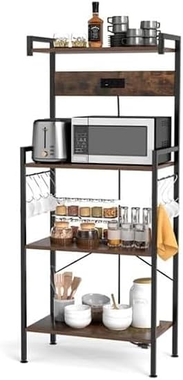 Kitchen Rack with Power Socket, Freestanding Wood-Metal Design, Multifunctional Microwave Stand for Home and Dining Room Storage
