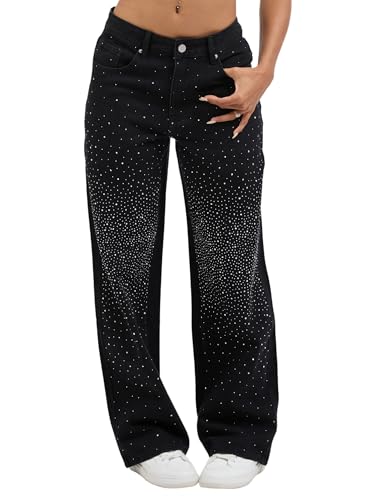 Wanduyini Rhinestone Straight Leg Jeans for Women Teen Girls Bling Loose Fit Denim Pants for Party Music Festival (Black, M)