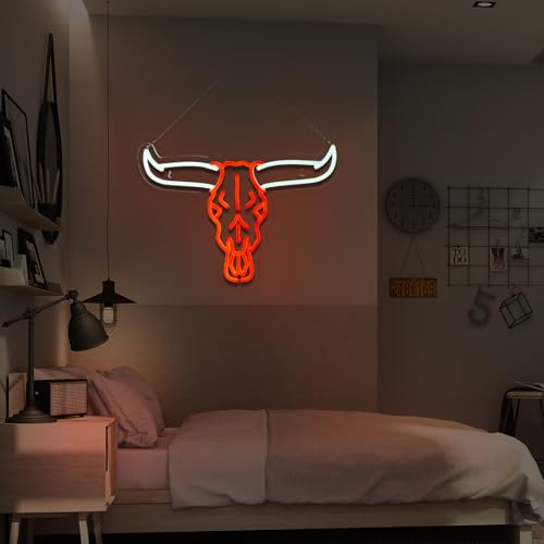 Image of Longhorn Bull Skull Neon Sign Cowboy Western Rodeo Bull Skull Neon Sign for wall decor Beer Bar Club Man Cave(16.5x11.9 Inch)