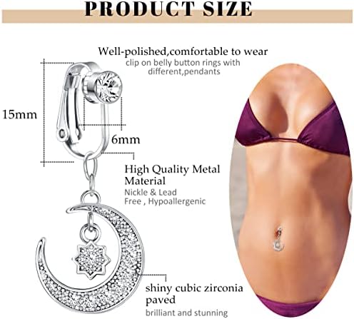 ADRAMATA 8Pcs Fake Belly Bars Surgical Steel Dangle Faux Belly Button Piercing CZ Moon Evil Eye Clip on Belly Button Bars Fake Pregnant Belly Bars Silver Belly Button Bars