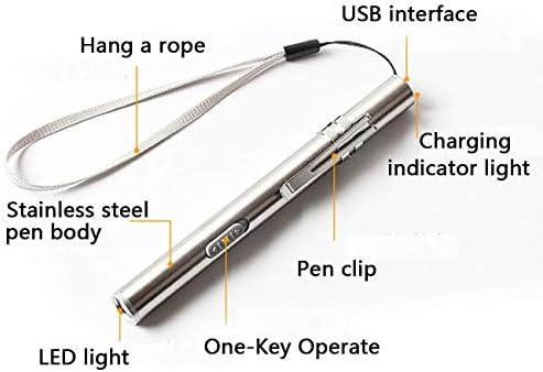 5PCS LED USB Penlight Mini Diagnostic Medical Pen Torch Light, Stainless Steel Waterproof Rechargeable Pen Light with Pocket Clip + USB Cable for Mechanic, Nurses, Doctors