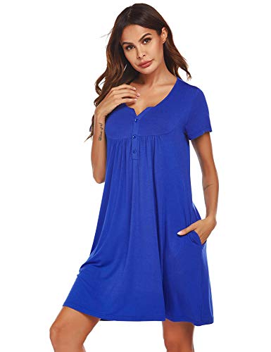 Finejo Women’s Nightgowns Short Sleeve A-Line And Flare Casual Sleepwear Royal Blue S… #TOP1