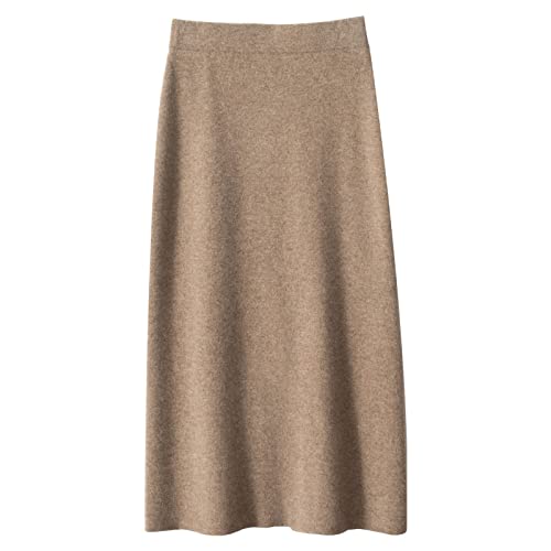Shouqiao Falda Midi para Mujer Elegante Falda elástica de Punto Alta con Abertura Trasera Moda Cómoda Sretchy A-Line Falda Larga, Caqui, S