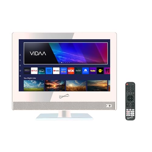 Supersonic SC-1520VTV 15.6 inch Smart AC/DC LED TV, Powered by VIDAA, 1080p, WiFi, Built-in Speakers, USB, 3X HDMI ARC, For Kitchen, RV, Boat, Truck, Playroom, Room, Remote, DC Car Cord INCLUDED-White