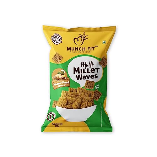 Image of Munch Fit Healthy & Tasty Pani Puri Flavour Millet Snacks | Millet Waves | Roasted, Healthy & Tasty Snack for Office Party Snack | 100% Veg, High Fibre, Gluten Free, Non Fried | Pack of 8x50g each