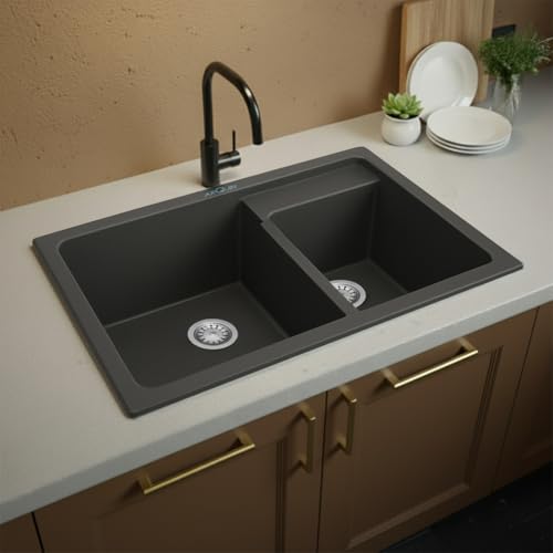 Image of ARQUIN Double Bowl Quartz Kitchen Sink 31x18x9 Inch Grey | Durable & Scratch-Resistant Sink | Undermount,Topmount | Including Coupling,Sink Connector,Waste Pipe & Fruit Washing Basket