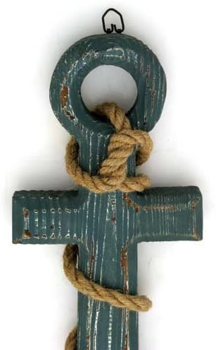 Benzara 91620 Wood Anchor with Rope Nautical Decor, 18" H/12 W, Aqua Blue