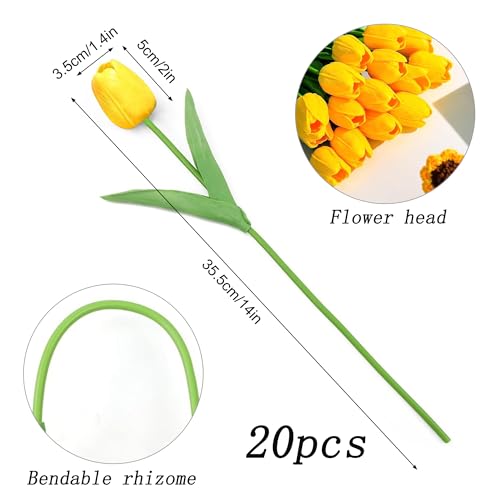 Image of 20Pcs Stems 13.5 Inch Yellow PU Artificial Moisturizing Tulips, Faux Tulips Flowers for Thanksgiving Christmas Decorations Wedding Home Table Vase Floral Arrangements