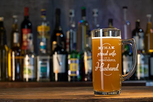 Image of TheYaYaCafe Beer Mug for Husband | Engraved Glass Mug inchProud Wife of Wonderful Husband inch | Birthday & Anniversary Gift for Husband | 357ml