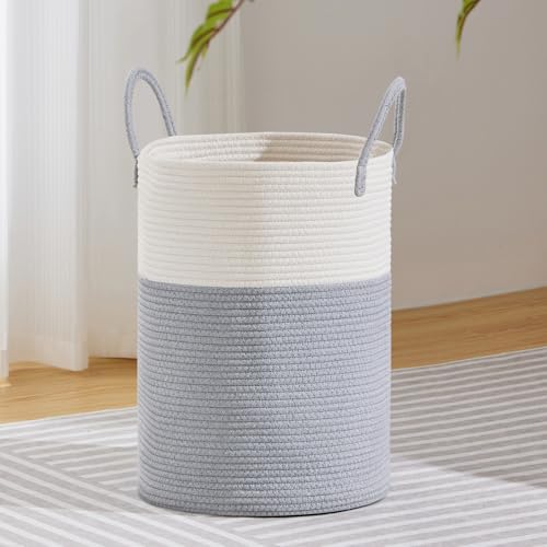 Image of VIPOSCO Large Laundry Hamper, Tall Woven Rope Storage Basket for Blanket, Toys, Dirty Clothes in Living Room, Bathroom, Bedroom - 58L Grey & White