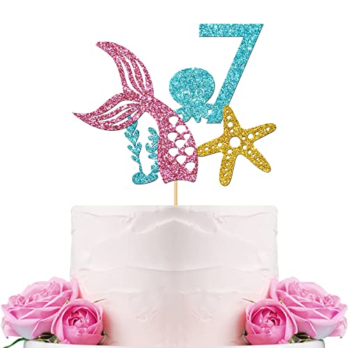 WeBenison Mermaid Seven Birthday Cake Topper Girl's 7th Birthday Cake Topper/Ocean/Under The Sea Octopus Mermaid 7th Birthday Party Decorations Blue Seven Sign