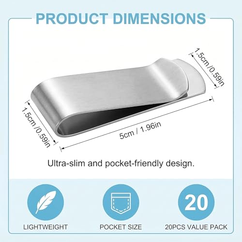 20 Stück Geldklammer,Money Clip,Geldscheinklammer,Geldklammer Herren,Geldklammern Für Geldscheine,Geldclip,Geldklammern,Für Rechnungen,Karten,Dokumente,Visitenkarte Kreditkarte (Edelstahl)
