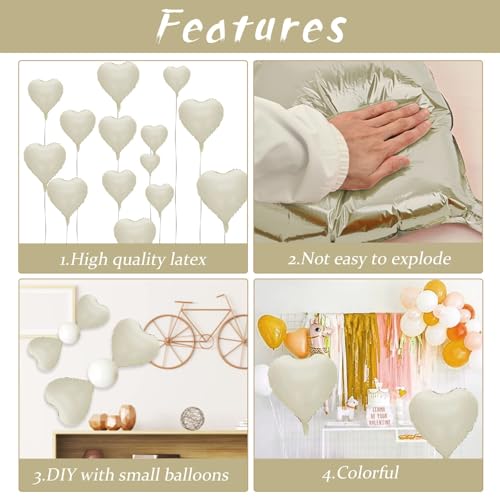 Image of Cream Heart Balloons, 10PCS Cream White Foil Heart Shape Balloons, 18inch Beige Foil Valentine Balloons for Helium Nude Neutral Love Balloon for Valentines Day, White Wedding, Brithday Decorations