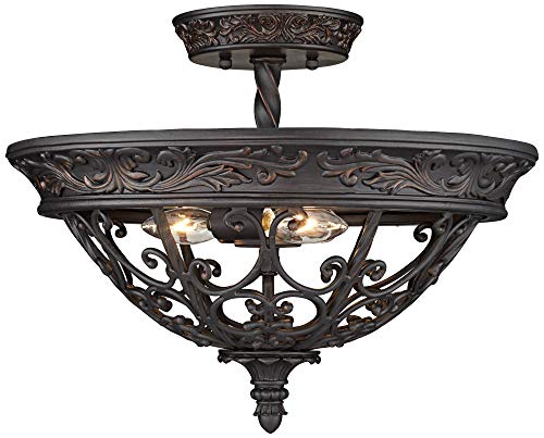 Franklin Iron Works French Scroll Rustic Country Ceiling Lighting Semi-Flush Mount Fixture Rubbed Bronze Scrollwork 16 1/2" Wide for House Bedroom Hallway Living Room Bathroom Dining Kitchen