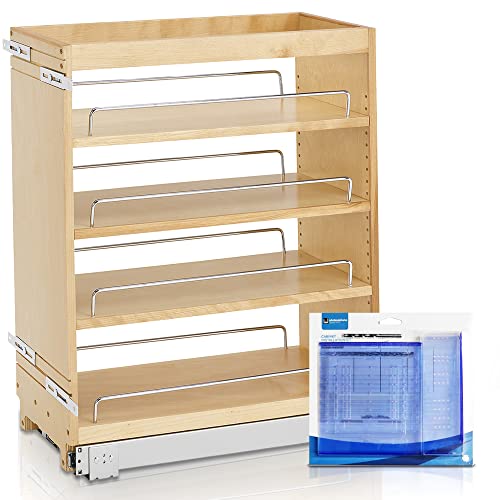 Rev-A-Shelf 448-BC-8C 8-Inch Base Cabinet Pullout Storage Organizer with Adjustable Wood Shelves and Chrome Rails