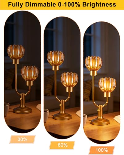 Image of Lightdot Mid Century Modern Table Lamp Amber Glass Vintage Lamp Dimmable | Flower Nightstand Lamp Gold Desk Lamp 2 Bulbs Included Warmwhite Ambient Bedside Lamp for Bedroom Living Room Home Decor Gift