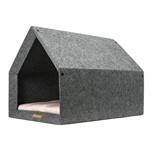 Rexproduct - PetHome Hundehütte mit Liegefläche und Dach I Biss- und Kratzfest I Gute Schalldämmung I Umweltfreundlich & Einfach zu Montieren I Größe S (60x42x43 cm) - Dunkelgrau und Rosa