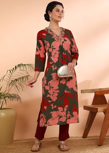 Image of Maaesa Women Printed Rayon Slub Straight Kurta