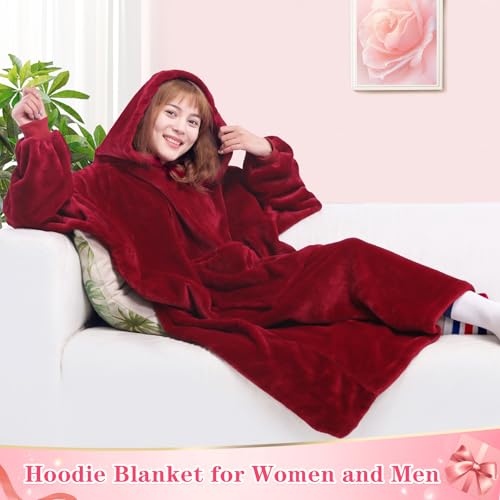 Image of Waitu Wearable Blanket Sweatshirt for Women and Men, Super Warm and Cozy Giant Blanket Hoodie, Thick Flannel Blanket with Sleeves and Giant Pocket - Red