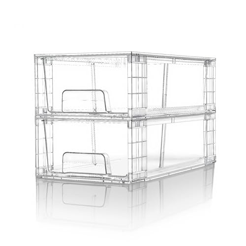 XWYWX 2 Cajones Apilables Pequeños Transparentes, Organizadores Acrílicos con Asas, Contenedores para Nevera, Baño, Cocina, Armarios y Despensa, Fácil Montaje