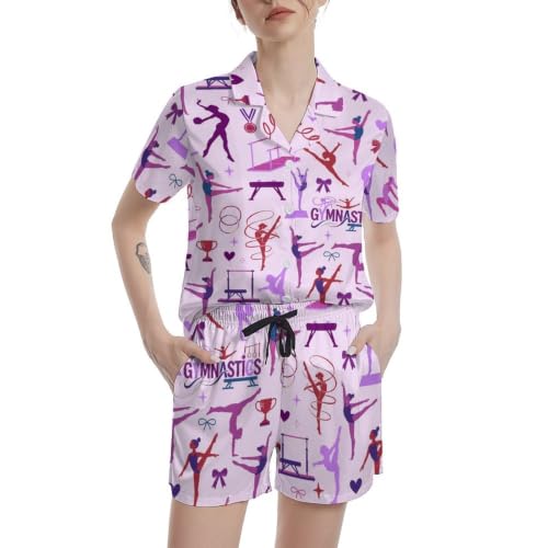 Image of Funny Pajamas for Women Set Print Satin Loungewear Pjs Short Sleeve Button Down Top and Shorts Sets Sleepwear XS-3XL
