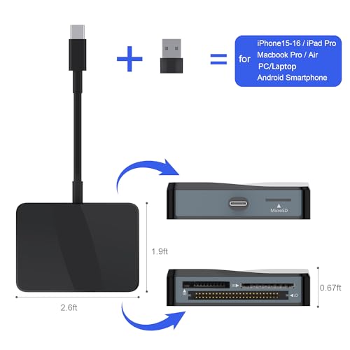 Image of SD Card Reader, 4 in 1 USB C to SD /TF /CF /MS Card Reader with USB to USB C Adapter Memroy Card Reader for iPhone 17 /16 /15 Pro Max iPad Pro MacBook Pro /Air iMac M4 /M3 /M2 Android Phone /Tablet PC (Black)