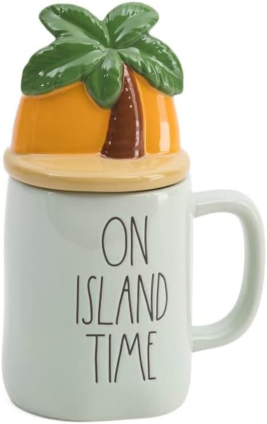 Rae Dunn Coffee Mugs with Decorative ceramic Lids, On Island Time/Palm Tree/Light Sage