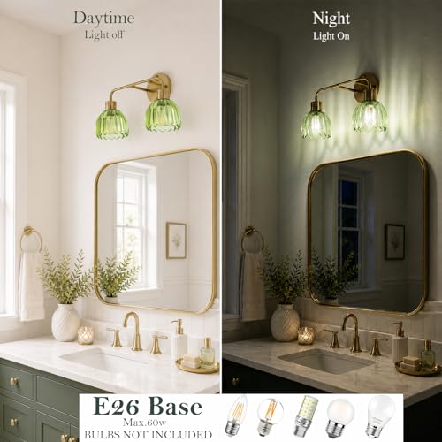 Image of 2-Light Gold Brass Bathroom Light Fixture,Wall Sconces,Brushed Gold Vanlity Light Over Mirror,Bathroom Vanity Light with Green Glass Flower Shade,E26 Socket(Bulbs Not Included)