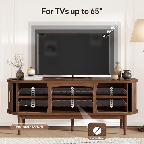 Decofy Mid Century TV Stand for TVs up to 65 Inches, Entertainment Center with Storage, Power Outlet, Fluted Sliding Doors & Adjustable Shelves, Modern Media TV Console Table for Living Room (Walnut) - Thumbnail 3