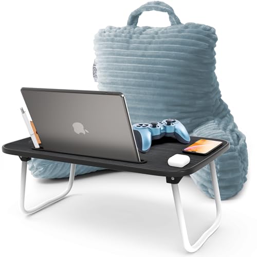 Image of Nestl Stone Blue Reading Pillow with Bed Desk for Laptop and Writing, Luxe Cut Plush Back Pillow for Sitting Up, Back and Arms Adjustable Support for Kids and Teens, Foldable Lap Desk for Bed 19x11 inch