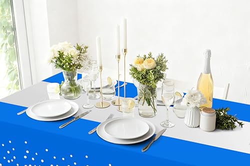 Image of Smiry Plastic Table Cloth Disposable 5 Pack, 54 x 108 Inch Rectangle Waterproof Tablecloth, Printed Gold Table Runner Style for Birthday Weeding, Party Decorations, Leakproof & Sturdy, Blue and Sliver